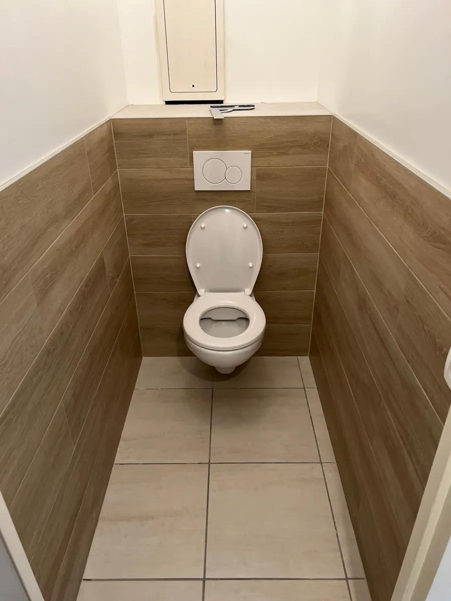 Toilettes après rénovation par LEMY RENOVATION : wc suspendu et carrelage effet bois